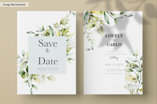 beautiful watercolor wedding invitation with greenery leaves and white flower
