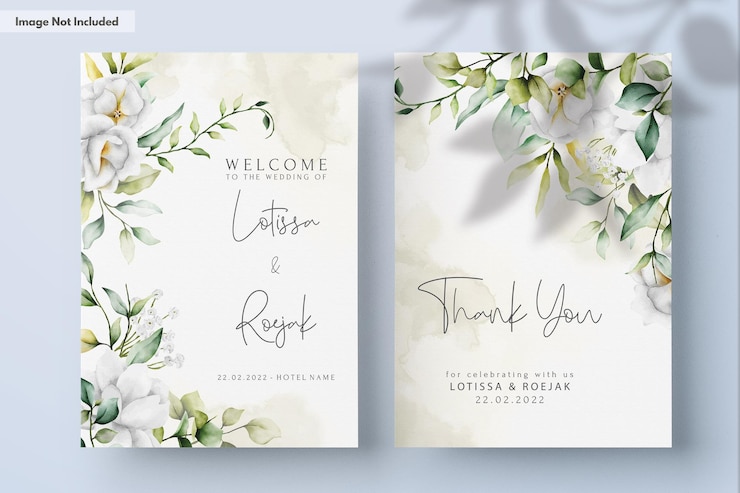 Free PSD beautiful watercolor wedding invitation with greenery leaves and white flower