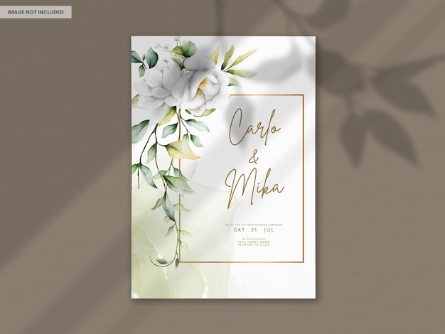 Watercolor Wedding Invitation with Greenery Leaves and White Flower – Free PSD Download