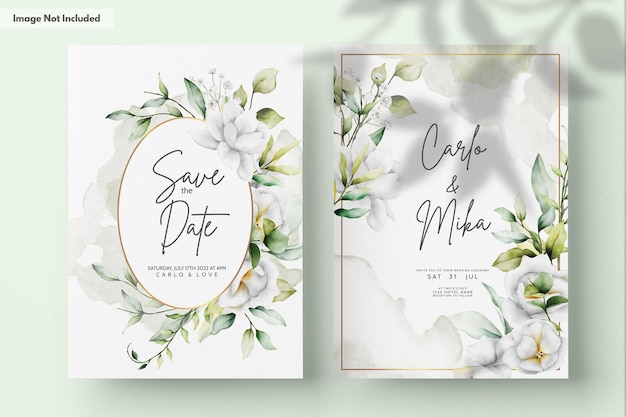 Free PSD beautiful watercolor wedding invitation with greenery leaves and white flower