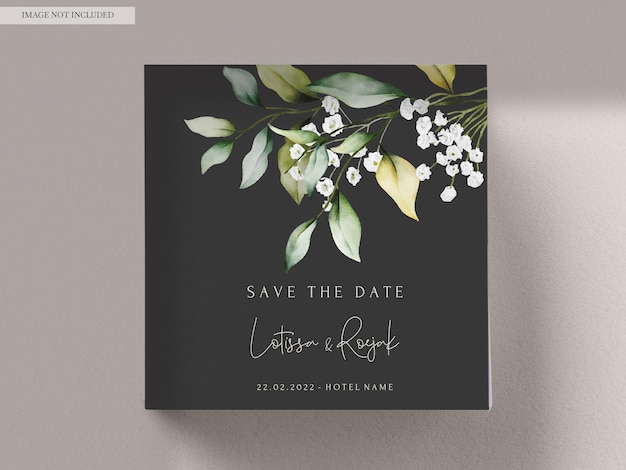 Free PSD beautiful watercolor wedding invitation with greenery leaves and white flower