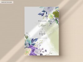 Free PSD beautiful wedding invitation card hand drawn floral with aquamarine color