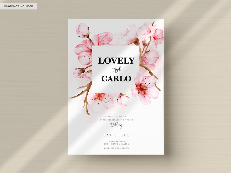 Free PSD beautiful wedding invitation card with sweet cherry blossom flower