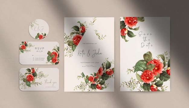 無料PSD 花と葉で飾られた美しい結婚式の招待状ステーショナリー セット