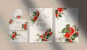 Free PSD beautiful wedding invitation stationery set decorated with flowers and leaves