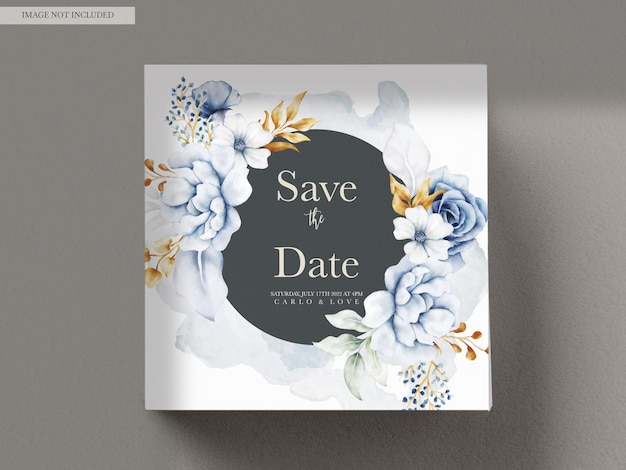Бесплатный PSD Красивое свадебное приглашение с синим и золотым цветочным орнаментом