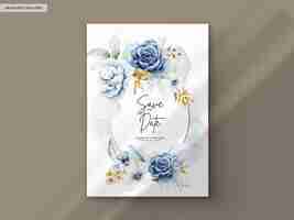 無料PSD 青と金の花飾りを持つ美しい結婚式の招待状