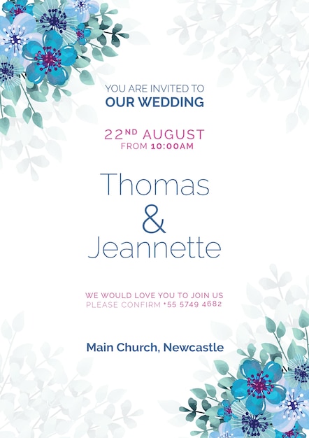 Free PSD beautiful wedding invitation with blue painted flowers