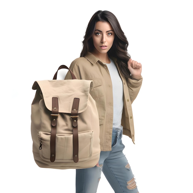 Beautiful young woman in beige jacket with backpack on white background