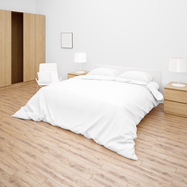 흰색 침대 이불 또는 이불, 목재 가구 및 쪽모이 세공 마루가있는 더블 침대가있는 침실 또는 호텔 객실