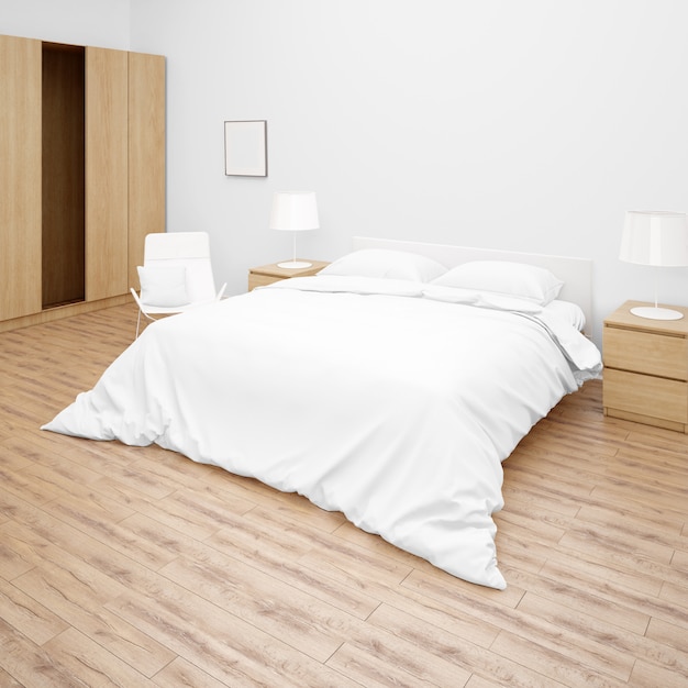 Bedroom or hotel room with double bed with white bed comforter or quilt, wooden furniture and parquet floor