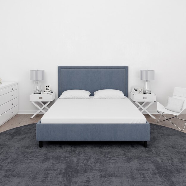 Спальня с двуспальной кроватью и белой мебелью