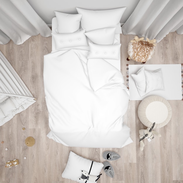 Free PSD bedroom with white bed and cute modern decoration, top view