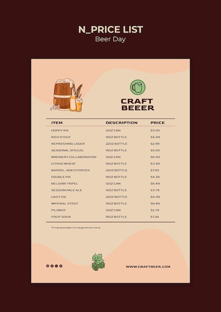 Free PSD beer day celebration price list  template