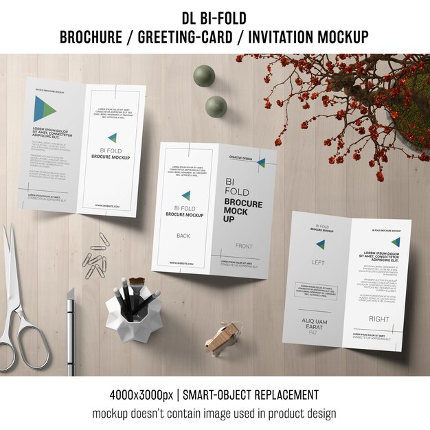 Bi-fold brochure or invitation mockup with still life concept