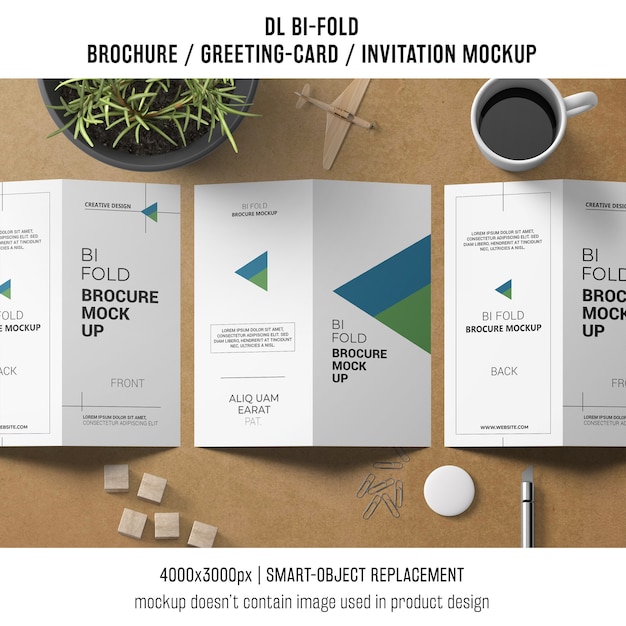 Bi-fold brochure or invitation mockup with still life concept