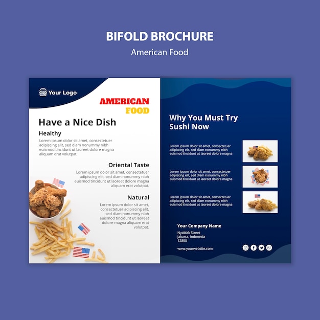 Free PSD bifold brochure template for american food restaurant