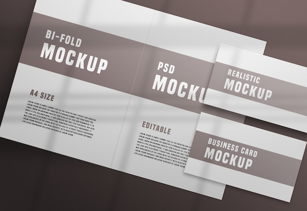 Bifold brochure with a business card psd mockup