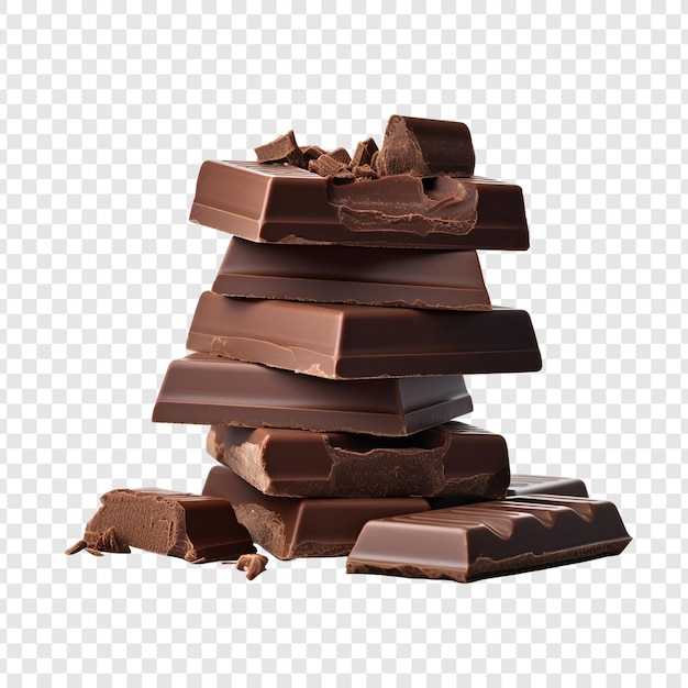 Big chocolate and small ones are each split into three parts isolated on transparent background