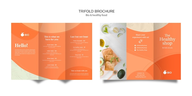 PSD gratuito brochure a tre ante sul concetto di cibo biologico e salutare