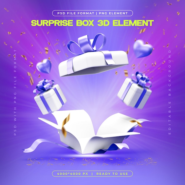 Free PSD birthday blast surprise gift box 3d elements social media isolated