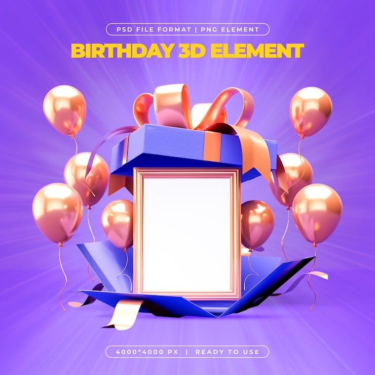 Free PSD birthday blast surprise gift box and portrait frame 3d elements social media isolated