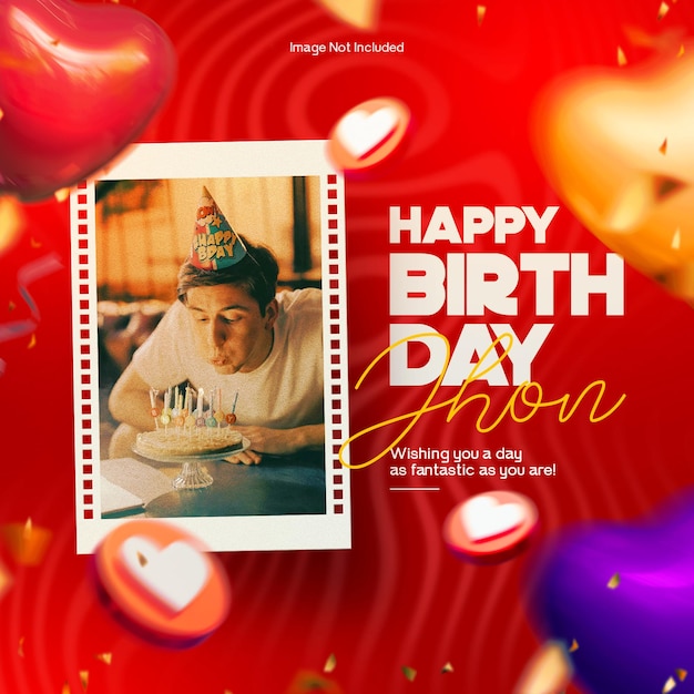 Birthday celebration card social media post with ballon confetti and photo frame