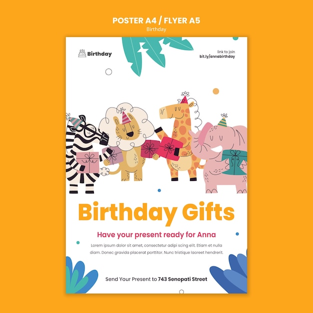 Бесплатный PSD Шаблон плаката подарков на день рождения