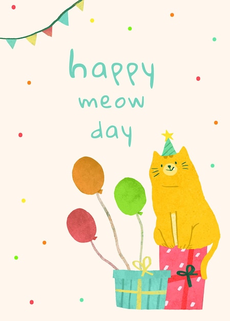 猫のイラストと誕生日の挨拶テンプレートpsd