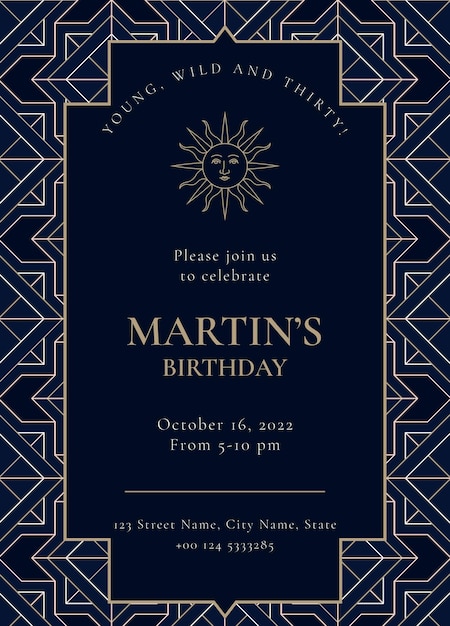 無料PSD ゴールドアールデコスタイルの誕生日パーティーの招待状のテンプレートpsd