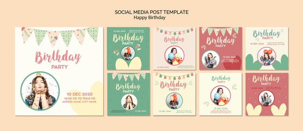 Birthday party social media posts template with photo