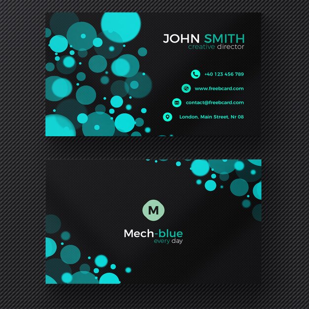 Black business card with blue circles