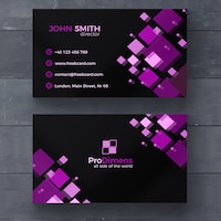 Black business card with purple squares