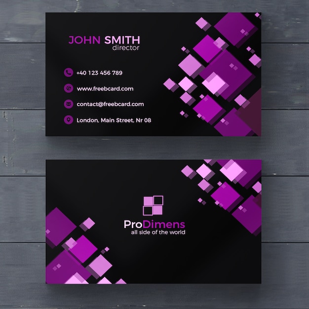 Black business card with purple squares