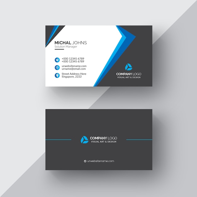 Black business card with white and blue details