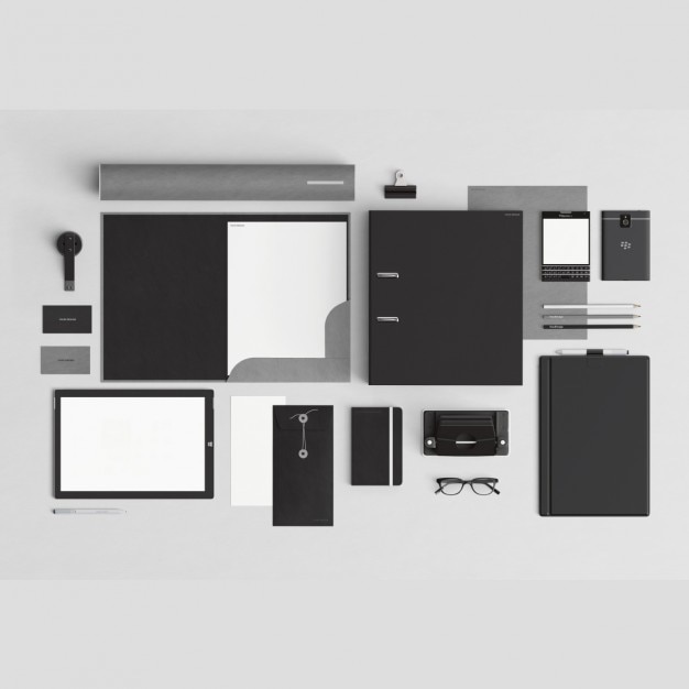 Black corporative stationery with office elements