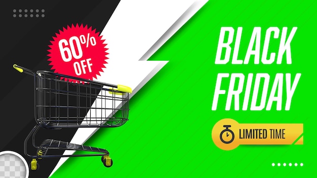 Free PSD black friday banner with shopping cart 3d rendering