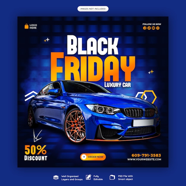 Бесплатный PSD Черная пятница автомобиль и автомобильная супер распродажа шаблон баннера в социальных сетях