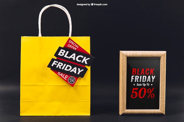 Black friday mockup with bag and frame