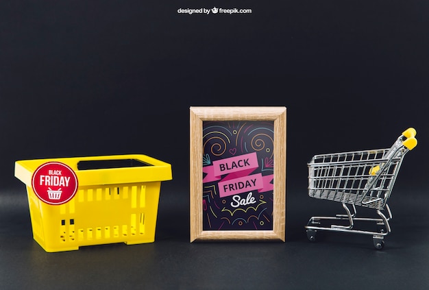 Black friday mockup with basket and frame