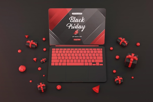 Black friday sale 3d laptop mockup with gift and baloon