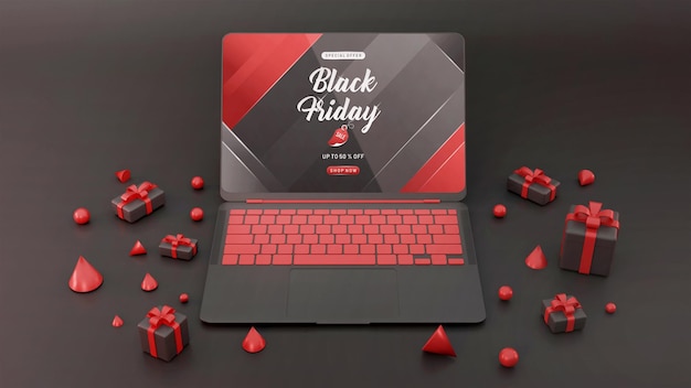 Black friday sale 3d laptop mockup with gift and baloon