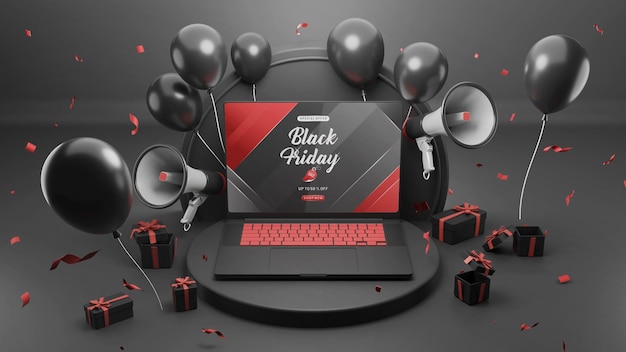 Black friday sale 3d laptop mockup with gift and baloon