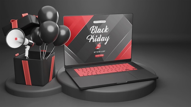 Black friday sale 3d laptop mockup with gift and baloon