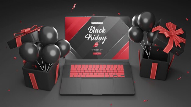 Black friday sale 3d laptop mockup with gift and baloon