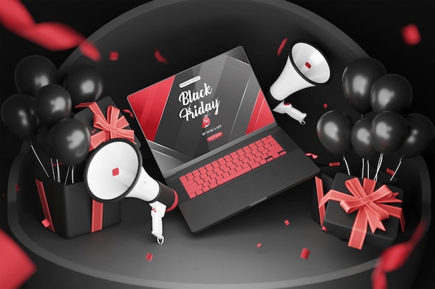 Black friday sale 3d laptop mockup with gift and baloon