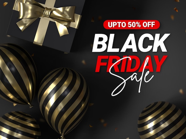 PSD gratuito black friday sale banner design template con palloncini realistici e scatola regalo