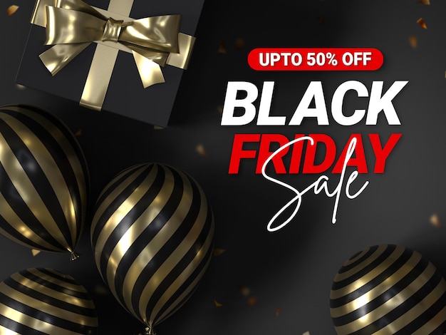 Black friday sale banner design template with realistic balloons and gift box