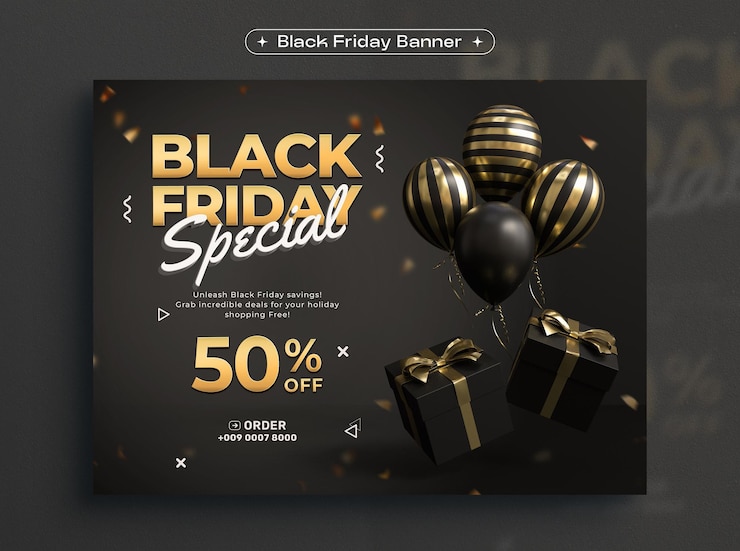 Free PSD black friday sale banner design template with realistic balloons and gift box