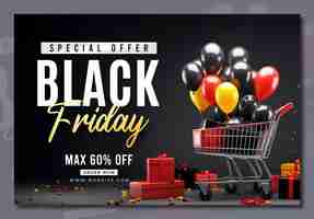 Бесплатный PSD Шаблон баннера продажи черной пятницы с 3d-подарками и воздушными шарами